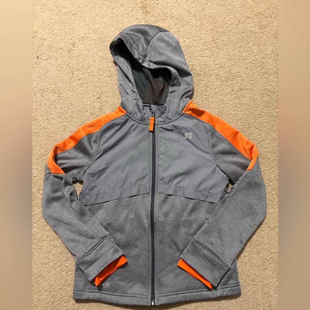 Boys Russell Athletic Gray and Orange Jacket, size L 10/12, lightweight, hood